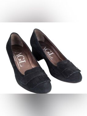 AGL Black Suede Low Block Heel Loafers